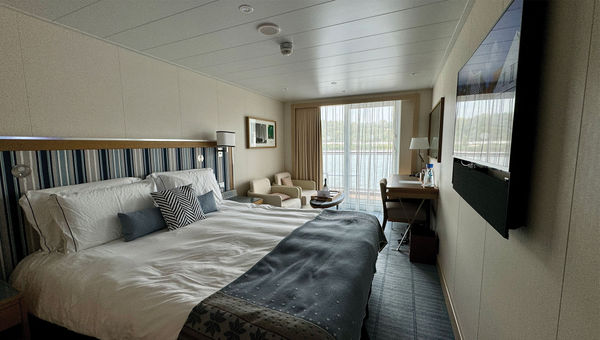 A deluxe veranda stateroom on deck 2 on the Viking Mississippi. A deluxe veranda stateroom on deck 2 on the Viking Mississippi.