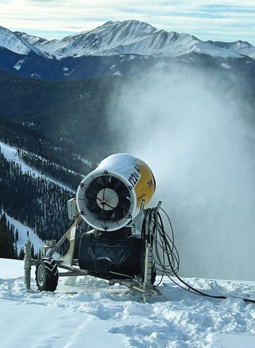 A Keystone mobile fan gun blows snow on a November morning. A Keystone mobile fan gun blows snow on a November morning.