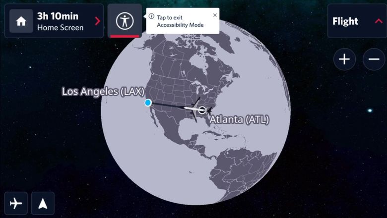 Delta's flight map screen for those with low-vision impairment is less busy and uses larger type than the standard flight map product.