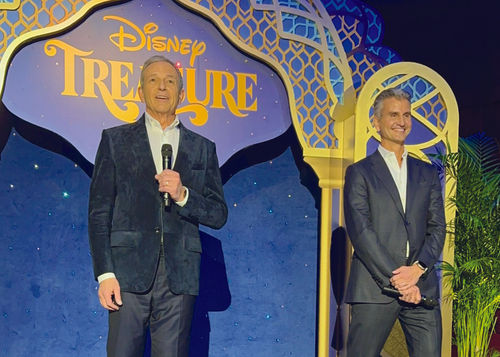 Disney CEO Bob Iger (left) and Disney Experiences chairman Josh D’Amaro at the Disney Treasure’s christening. Disney CEO Bob Iger (left) and Disney Experiences chairman Josh D’Amaro at the Disney Treasure’s christening.