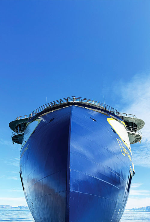 The bow of the National Geographic Resolution as seen from the waterline. The bow of the National Geographic Resolution as seen from the waterline.