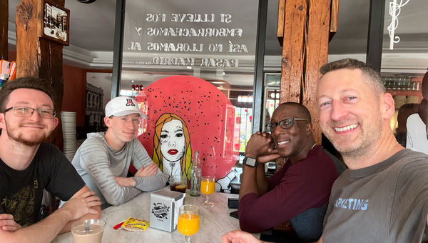 The writer (right) and his family at breakfast in Madrid. The writer (right) and his family at breakfast in Madrid.