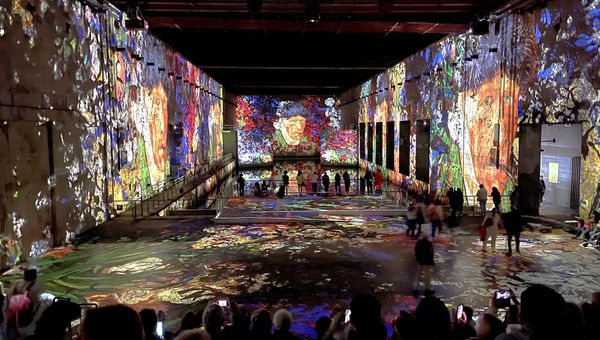 Van Gogh's self portrait illuminated and reflected in submarine holding pens at Bordeaux's Bassin des Lumieres. Van Gogh's self portrait illuminated and reflected in submarine holding pens at Bordeaux's Bassin des Lumieres.